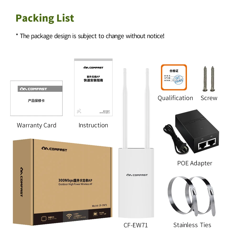 CF-EW71 High Power Wifi Extender Outdoor Wifi AP Waterproof Wifi Router 300Mbps 2.4G Dual 5dbi External Antenna POE 802.11b/g/n
CF-EW71 High Power Wifi Extender Outdoor Wifi AP Waterproof Wifi Router 300Mbps 2.4G Dual 5dbi External Antenna POE 802.11b/g/n