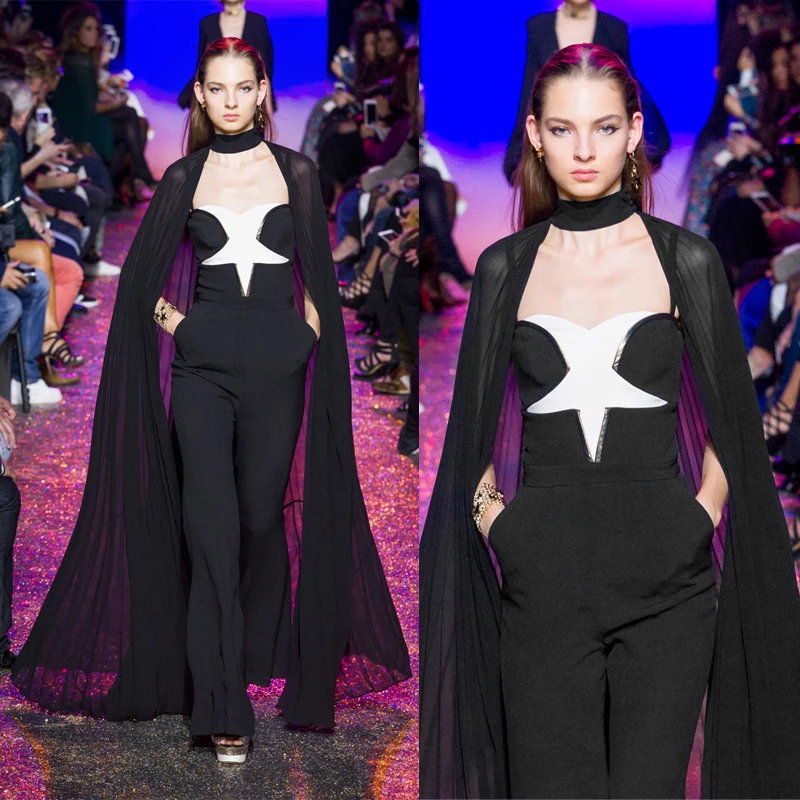 Fashion Two Pieces Set Women Suits High Quality Black Spaghetti Strap Jumpsuit Long Cloak Coat Celebrity Party Suit Wholesale
Fashion Two Pieces Set Women Suits High Quality Black Spaghetti Strap Jumpsuit Long Cloak Coat Celebrity Party Suit Wholesale