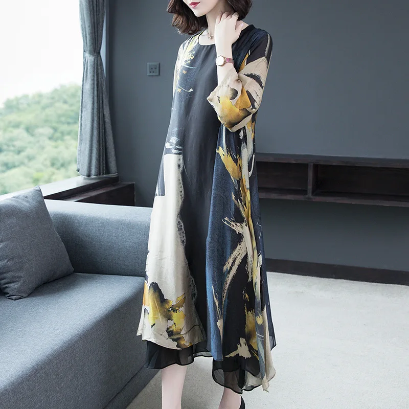 Silk dress female summer new loose temperament Slim printed long dress large size M-4XL high quality fashion elegant vestidos
Silk dress female summer new loose temperament Slim printed long dress large size M-4XL high quality fashion elegant vestidos