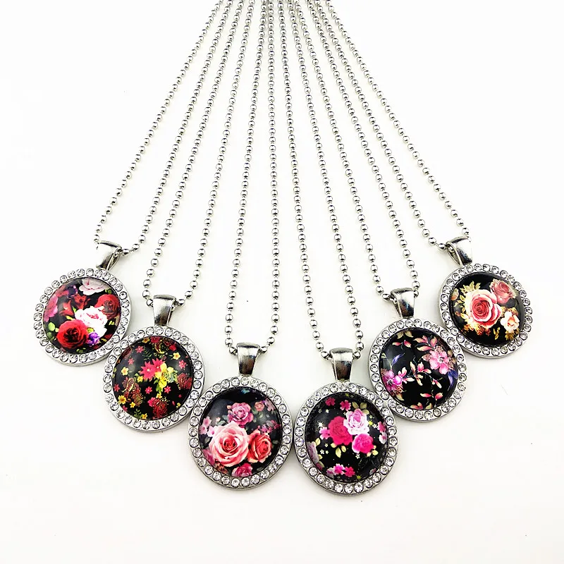 

24pcs/lot New styles Red blue black Rose lotus Daisy, dried flower rhinestone pendant Ancient silver necklace sweater chain