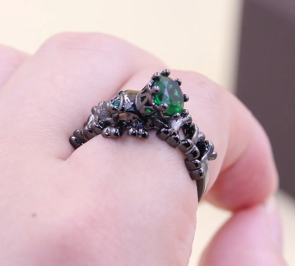 Size 5-11 Punk Vintage Jewelry Round Cut 10kt Black Gold Filled Green 5A CZ Zirconia Women personality Wedding Skull Ring Gift | Украшения