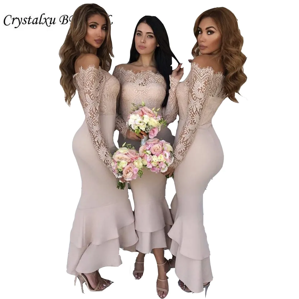 Bridesmaid Dresses Off the Shoulder Mermaid Satin Long Sleeves Lace Ankle Length Tiered For Wedding Guest Dress Vestido Longo
Bridesmaid Dresses Off the Shoulder Mermaid Satin Long Sleeves Lace Ankle Length Tiered For Wedding Guest Dress Vestido Longo