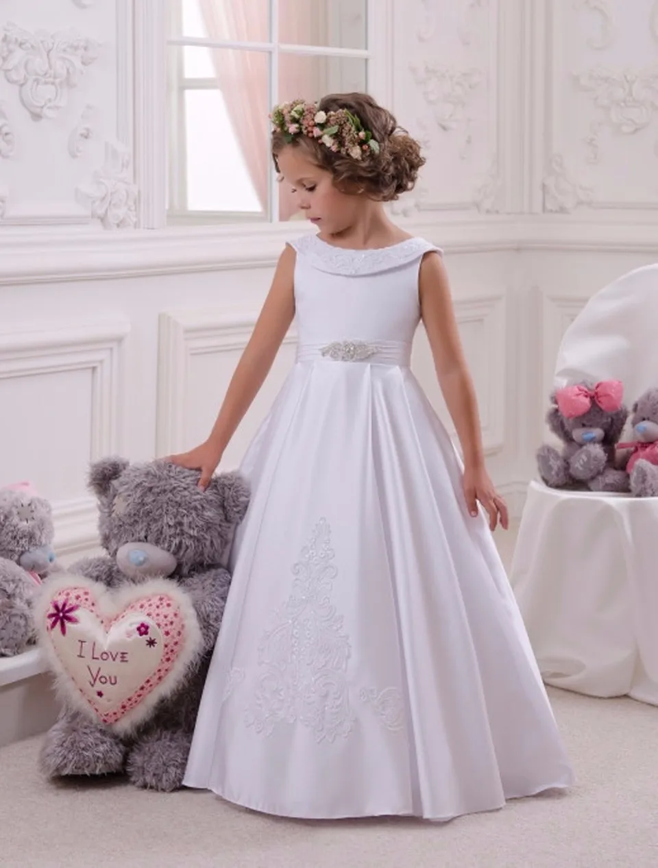 Little Flower Girl Dresses Crew Neckline with Collar Lace Appliques A Line White Girls First Communion Pageant Dress 2018 | Свадьбы и