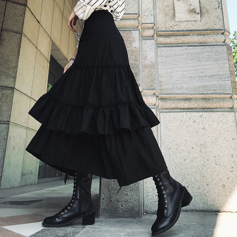 Женская длинная юбка Cakucool черная асимметричного покроя для весны и осени 2019 |