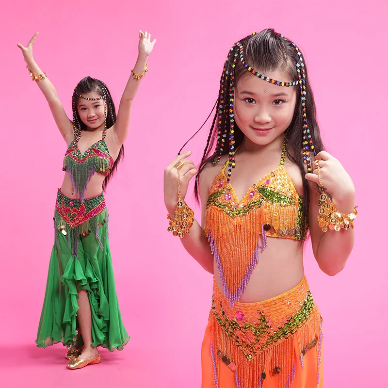Girls Belly Dance 3Pcs set green/ orange (bra+skirt+belt) children Professional bead tassel indian/egypt dance costumes
Girls Belly Dance 3Pcs set green/ orange (bra+skirt+belt) children Professional bead tassel indian/egypt dance costumes