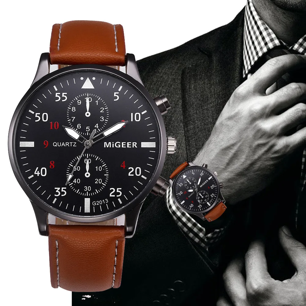 Migger 2017 модные повседневные мужские часы Роскошные Кожаные Бизнес Кварцевые