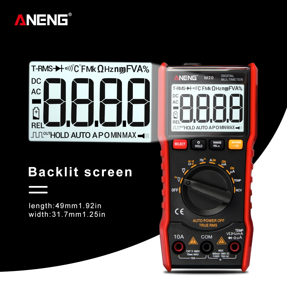 M20 Digital Multimeter 6000 counts Auto Range With Backlight AC/DC Ammeter Voltmeter Ohm True-RMS Transistor Tester
M20 Digital Multimeter 6000 counts Auto Range With Backlight AC/DC Ammeter Voltmeter Ohm True-RMS Transistor Tester