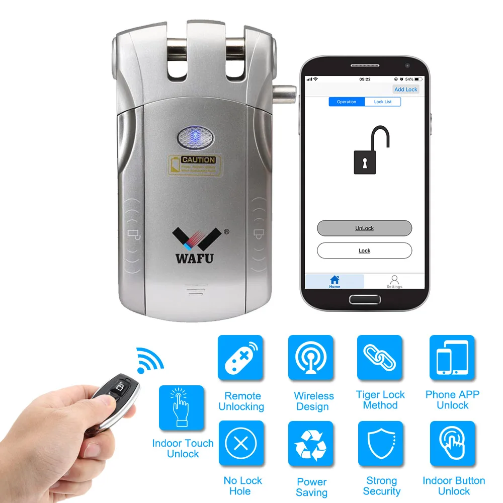 WAFU WF-010U Keyless Entry Door Intelligent Lock Home Smart Remote Control Lock iOS Android APP Unlocking with 4 Remote Keys
WAFU WF-010U Keyless Entry Door Intelligent Lock Home Smart Remote Control Lock iOS Android APP Unlocking with 4 Remote Keys