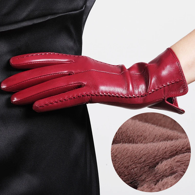 

Winter Real Leather Gloves Female High Quality Ladies Elegant Lambskin Autumn Thermal Plushed Lined Women Driving Gloves
