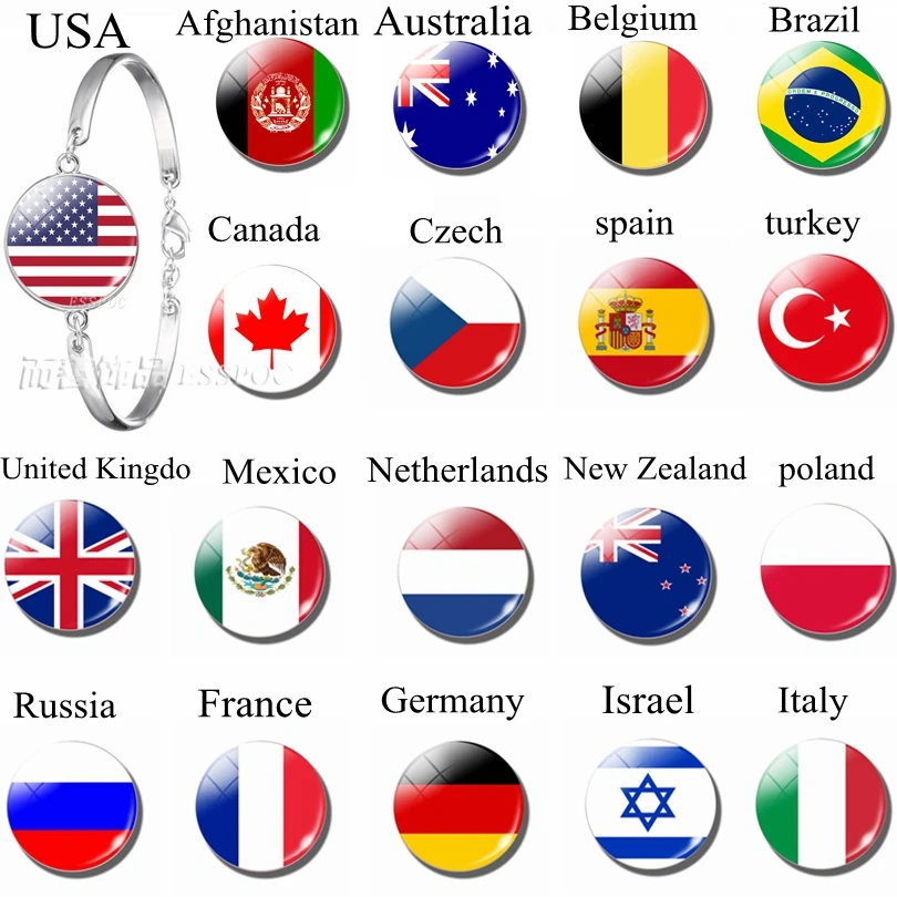 National Flags USA Spain Turkey Charm Glass Dome Jewelry SilverColour Metal Bracelet Bangles Punk Style Women Men Gift Wholesale
National Flags USA Spain Turkey Charm Glass Dome Jewelry SilverColour Metal Bracelet Bangles Punk Style Women Men Gift Wholesale