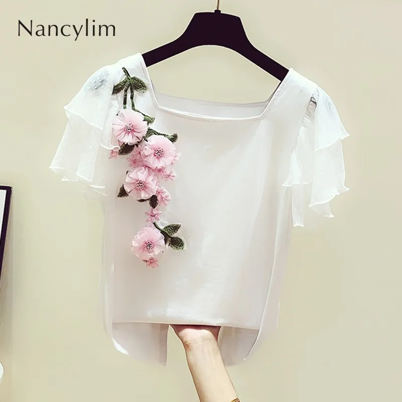 T Shirt Girl Summer New Korean Sweet Lace Lotus Leaf Sleeves Three-Dimensional Flowers Embroidery Square Collar T Tees Women's
T Shirt Girl Summer New Korean Sweet Lace Lotus Leaf Sleeves Three-Dimensional Flowers Embroidery Square Collar T Tees Women's