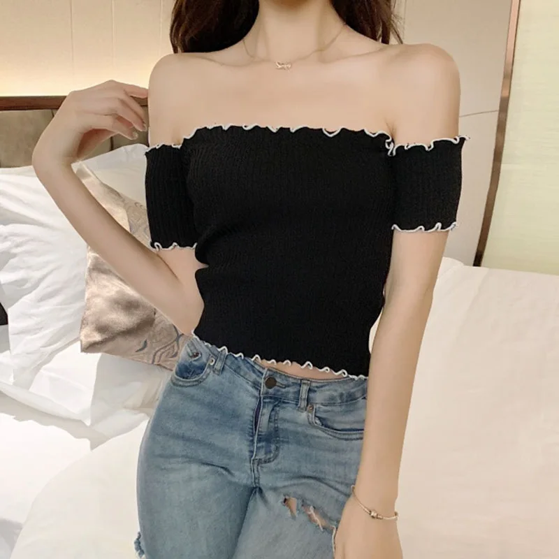 Soild Color Cropped Top Ribbed Short Sleeve Tshirt Sexy Women Off Shoulder T Shirt Slim Bodycon Knitting Tops Chemise Femmer | Женская