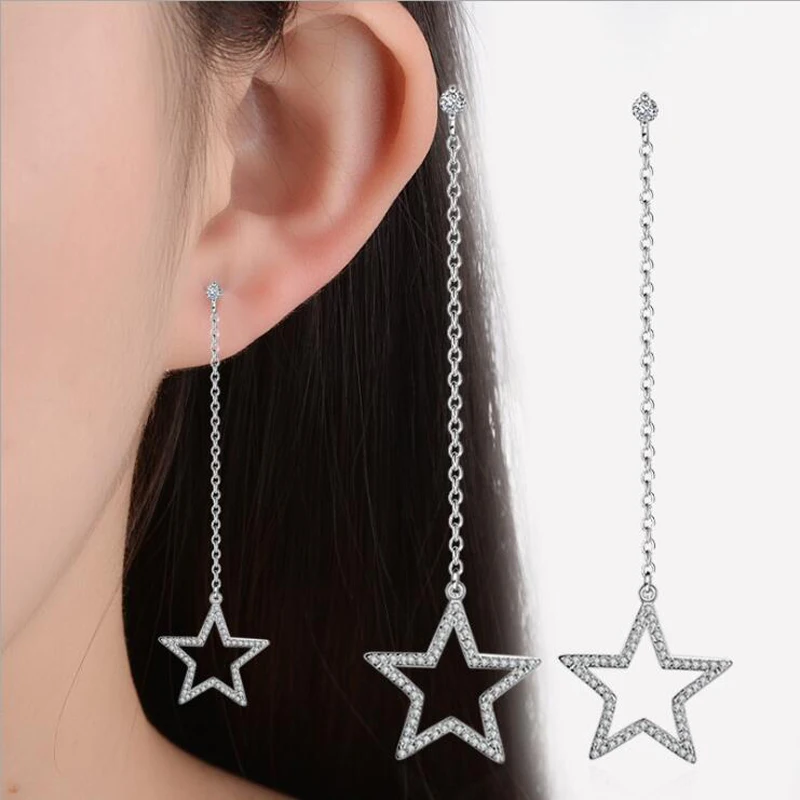 

KOFSAC New Charm 925 Sterling Silver Stud Earrings For Women Party Elegant Micro-Inlay CZ Star Long Tassel Earring Jewelry Gifts