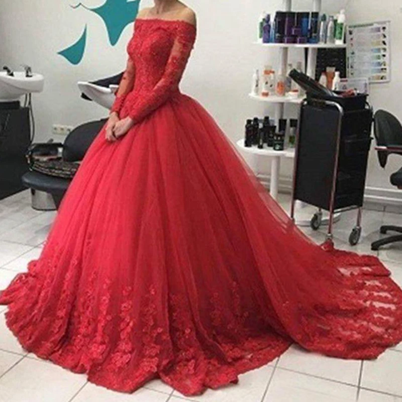 2021 Boat Neck Long Sleeves Ball Gown Appliques Tulle Formal Prom Dress New Red Evening Dresses Vestidos de festa Zipper Back
2021 Boat Neck Long Sleeves Ball Gown Appliques Tulle Formal Prom Dress New Red Evening Dresses Vestidos de festa Zipper Back