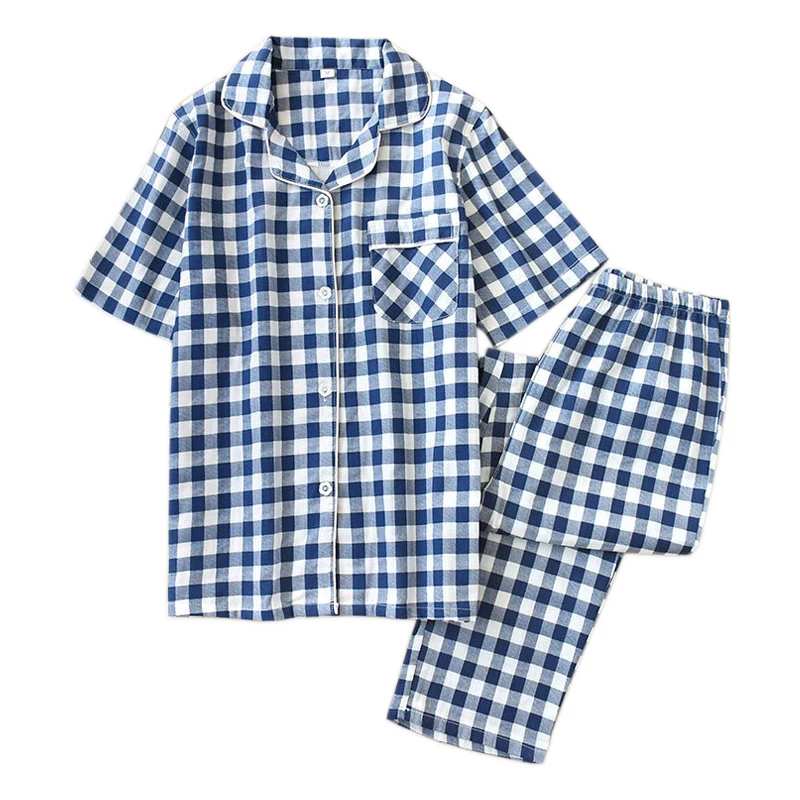 Simple plaid short sleeve couples pyjamas women Summer 100% gauze cotton sleepwear men Korea pajamas homewear
Simple plaid short sleeve couples pyjamas women Summer 100% gauze cotton sleepwear men Korea pajamas homewear