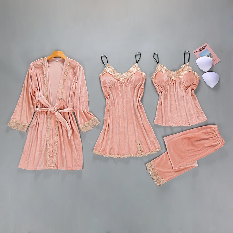 Women Sexy Velour Sleepwear Set 4 Pieces Robe+Nightdress+Slip top+Pant Lace Bathrobe Set Autumn Winter Nightwear Homewear Set
Women Sexy Velour Sleepwear Set 4 Pieces Robe+Nightdress+Slip top+Pant Lace Bathrobe Set Autumn Winter Nightwear Homewear Set