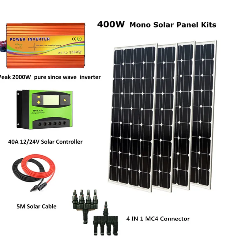 

4pcs 100W Monocrystalline Solar Panel Module with Peak 2000W inverter and 40A controller Houseuse Complete 400W Solar System Kit