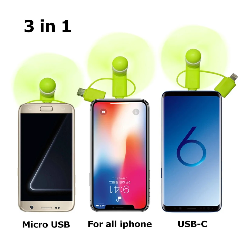 AIFFECT 3 в 1 Мини охлаждающий вентилятор для мобильного телефона микро usb C iPhone 5 6 6S 7