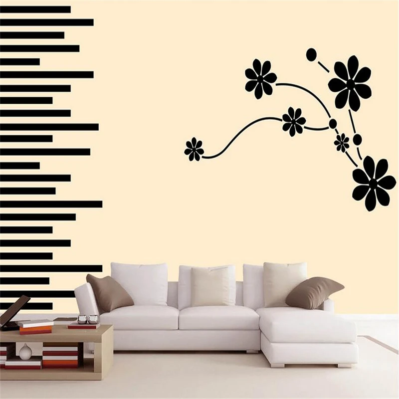 Hand Painted Photo Mural Khaki Wall Papers Home Decor Black Flowers Striped Wallpapers for Living Room Theme TV Background | Обустройство