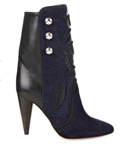 Blue black suede leather ankle boots pointd toe patchwork spike heel booties New fashion button high heels size 34 to 42
Blue black suede leather ankle boots pointd toe patchwork spike heel booties New fashion button high heels size 34 to 42