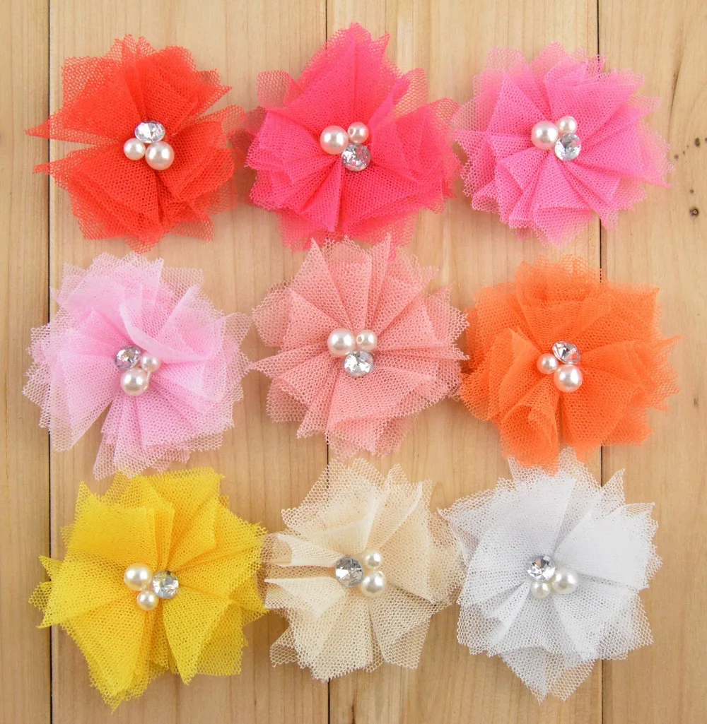 60 pcs/lot Small Tulle Mesh Fabric Flowers with Cluster Pearl & Rhinestone center 2" flower - flat back
60 pcs/lot Small Tulle Mesh Fabric Flowers with Cluster Pearl & Rhinestone center 2" flower - flat back