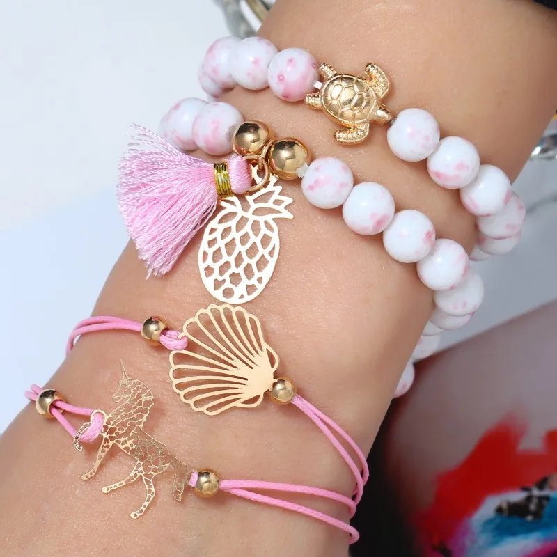 4pcs/set Bohemian Shell Pineapple Unicorn Turtle Charm Pink BLue Bracelet Set For Women Bead Chain Rope Bracelets Ladies Jewelry
4pcs/set Bohemian Shell Pineapple Unicorn Turtle Charm Pink BLue Bracelet Set For Women Bead Chain Rope Bracelets Ladies Jewelry
