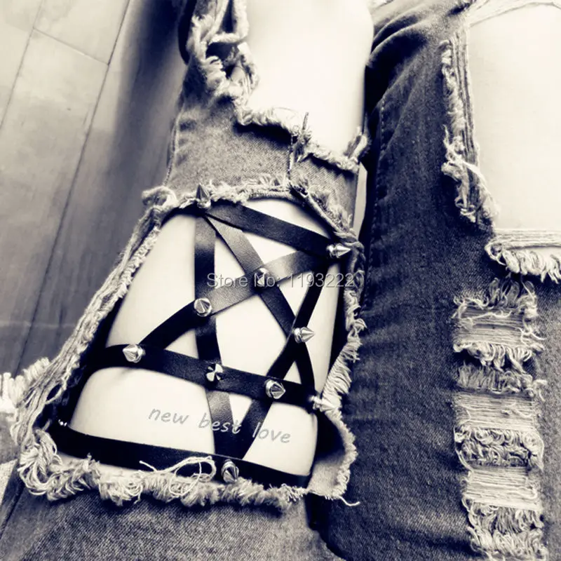 

Fashion Sexy Garters PU Leather Harajuku Handmade Star Garters Pentagram Studded Punk Rock Leg Garter Belt