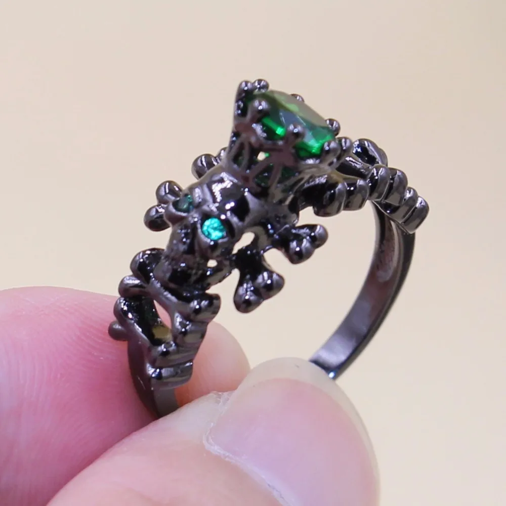 Size 5-11 Punk Vintage Jewelry Round Cut 10kt Black Gold Filled Green 5A CZ Zirconia Women personality Wedding Skull Ring Gift | Украшения