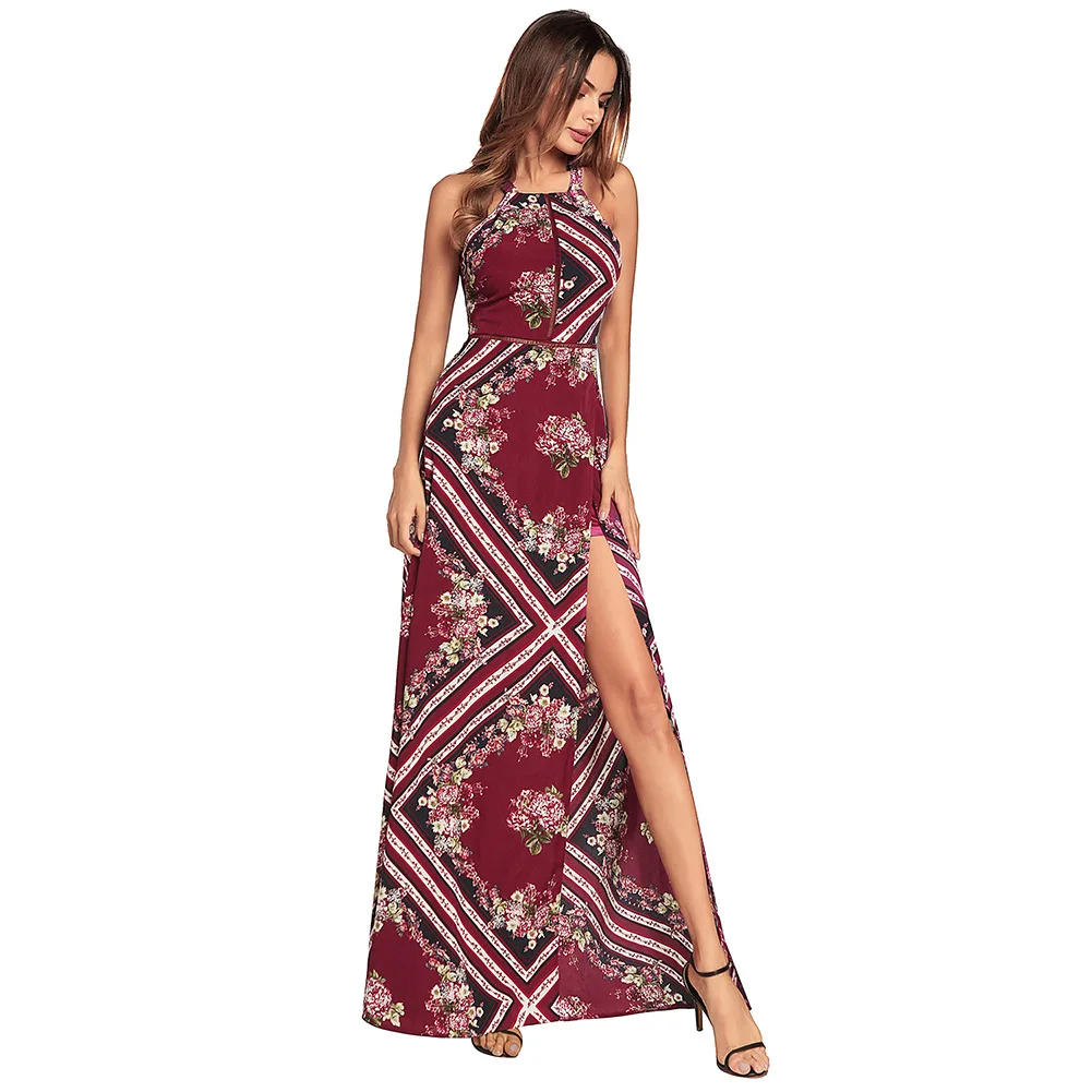 Women Dress Floral Print Vintage Bohemian 2018 Sleeveless Summer Beach Dresses Halter Backless Slit Long Maxi | Женская одежда