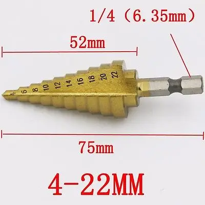 4-22 HSS 4241 Steel Step Cone Titanium Coated Drill Bit Cut Tool Set Hole Cutter with Hex Shank
4-22 HSS 4241 Steel Step Cone Titanium Coated Drill Bit Cut Tool Set Hole Cutter with Hex Shank