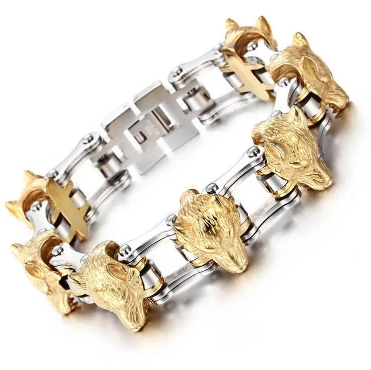21mm Punk Gold Black Wolf Heads Bike Bracelet Heavy Men's 316L Stainless Steel Silver Color Motorcycle Bicycle Biker Bracelets
21mm Punk Gold Black Wolf Heads Bike Bracelet Heavy Men's 316L Stainless Steel Silver Color Motorcycle Bicycle Biker Bracelets