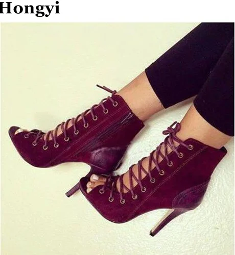 Hongyi spring Autumn women sexy wine red suede leather lace up peep toe patchwork thin high heel ankle boots trendy booties
Hongyi spring Autumn women sexy wine red suede leather lace up peep toe patchwork thin high heel ankle boots trendy booties