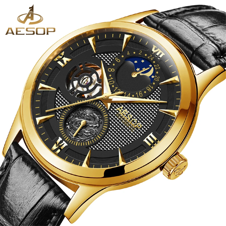 AESOP Moon Phase Auotmatic Movement Gold Case Black Genuine Leather Strap Mens Watches Top Brand Luxury Mechanical Watch Men
AESOP Moon Phase Auotmatic Movement Gold Case Black Genuine Leather Strap Mens Watches Top Brand Luxury Mechanical Watch Men