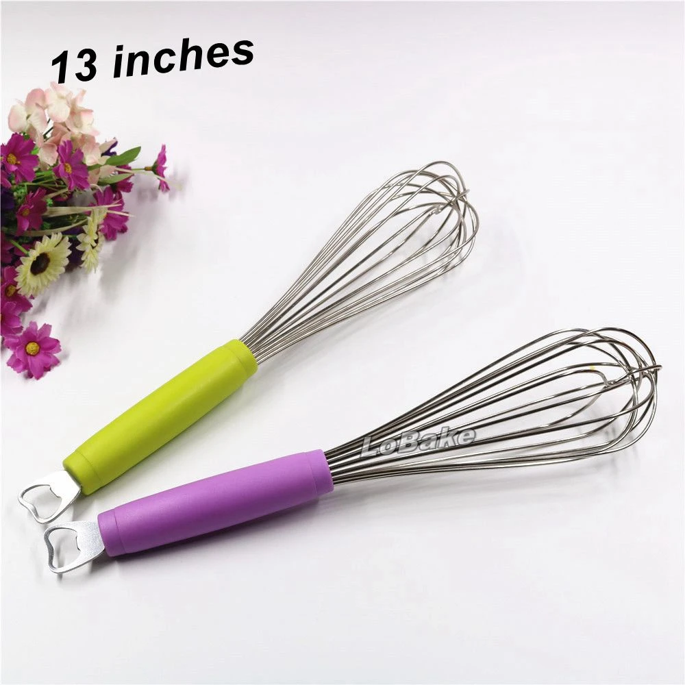 

Latest 13 inches thick wire stainless steel eggs beater potato masher eggs whisk sticks with plastic handle kitchen cookware