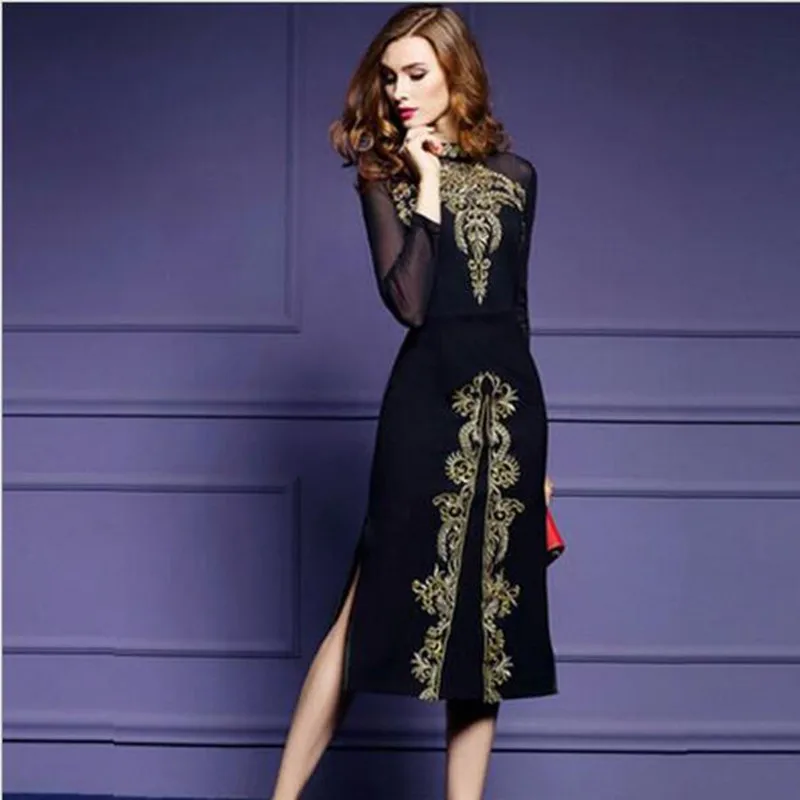Женское винтажное платье с вышивкой весна-осень 2018 элегантное черное в стиле