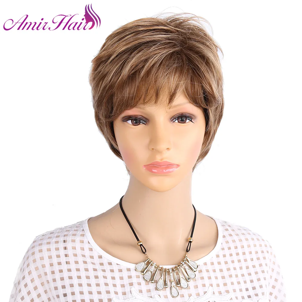 

Amir Fluffy Short Wigs for white women Blonde wig Synthetic Short Curly Hair Wig Ombre Brown Colors for Daily Use