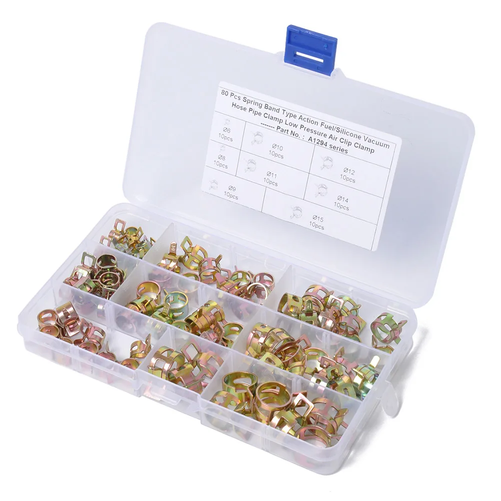 80pcs/set 6-15mm Spring Band Type Fuel Vacuum Hose Pipe Clamp 8 Sizes Silicone
80pcs/set 6-15mm Spring Band Type Fuel Vacuum Hose Pipe Clamp 8 Sizes Silicone