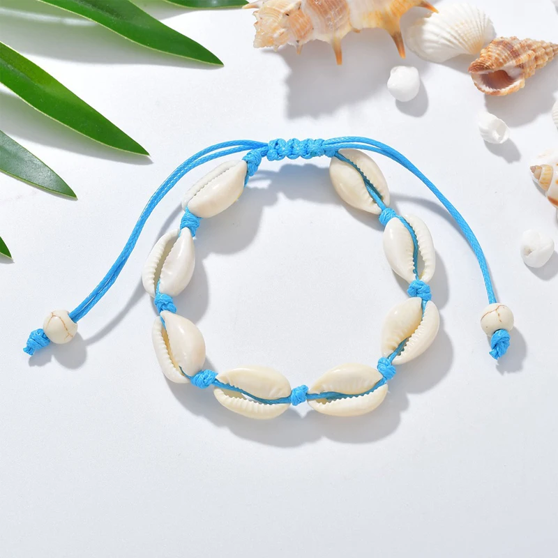 Summer Beach Natural Sea Shells Bracelet Black Red Blue Color Strap Bohemia Conch Handmade woven Chain bangle Jewelry Unisex | Украшения и