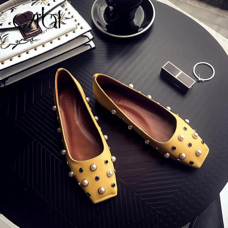 CZRBT Spring Autumn Woman Flats Shoes Casual Loafers Slip On Women Square Toe Pearl Genuine Leather Ladies | Обувь