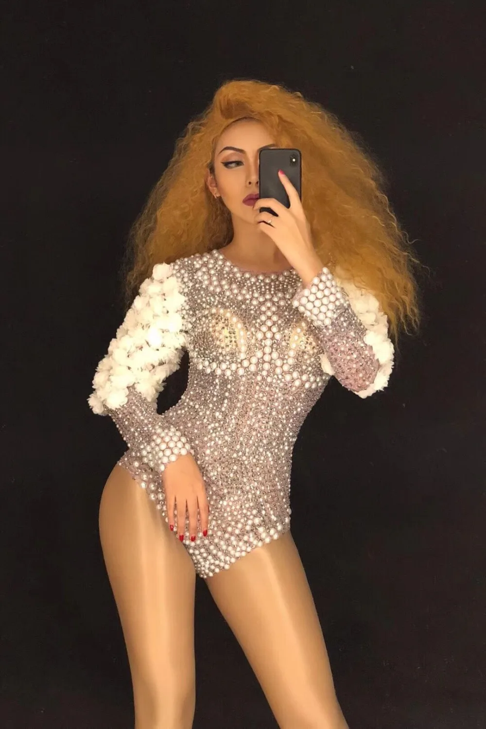 New Sparkly Rhinestones Pearls Bodysuit White Flowers Women's Birthday Celebrate Stage Singer Dance DS Show Nightclub Leotard |