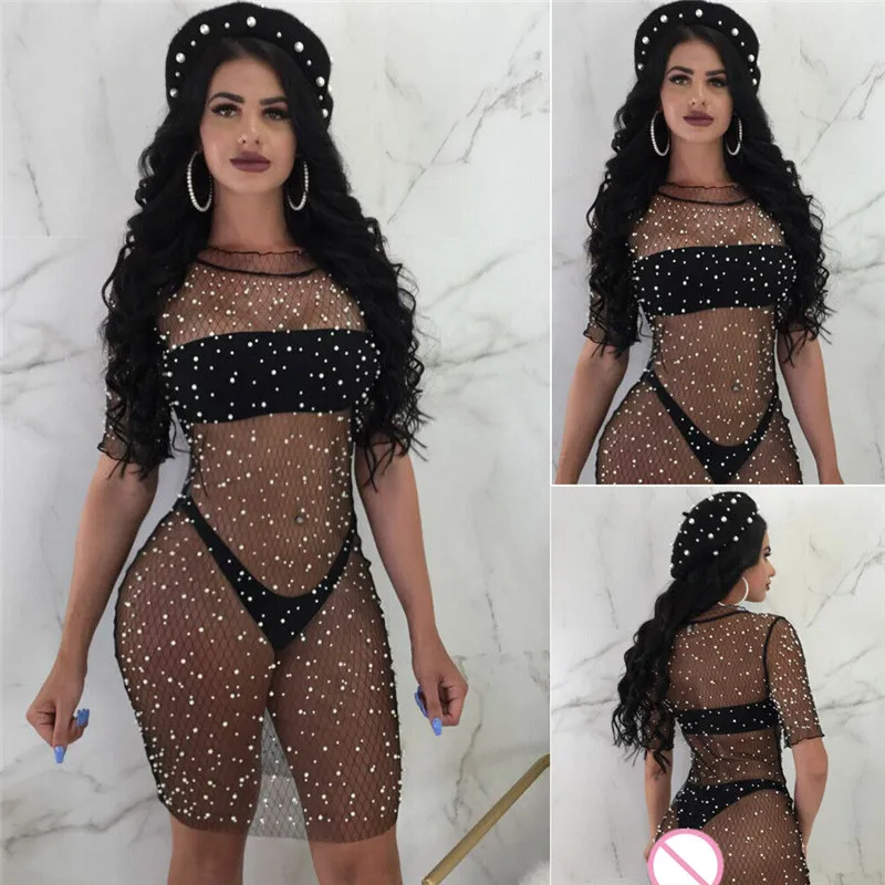 Women Sexy Perspective Crochet Mesh Beach Dress Swimwear Summer Female Sheer Bikini Cover Up Short Sleeve Sequin Mini Dresses
Women Sexy Perspective Crochet Mesh Beach Dress Swimwear Summer Female Sheer Bikini Cover Up Short Sleeve Sequin Mini Dresses