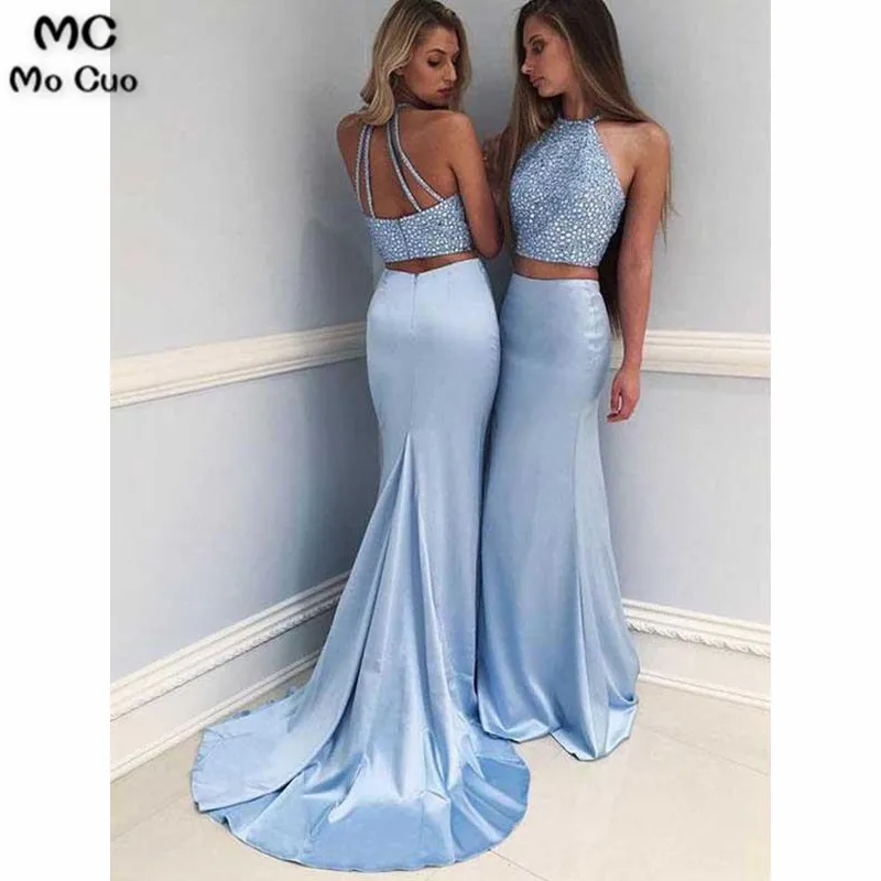 2019 Blue Halter Mermaid Evening Dresses Long with Beading Hard Satin Sweep Train Two Pieces Gown Evening Dress long for women
2019 Blue Halter Mermaid Evening Dresses Long with Beading Hard Satin Sweep Train Two Pieces Gown Evening Dress long for women
