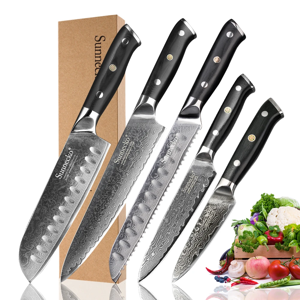 SUNNECKO 5PCS Kitchen Knives Set Santoku Utility Paring Knife Damascus Steel Japanese Cutter Tool G10 Handle Bread Chef Knife
SUNNECKO 5PCS Kitchen Knives Set Santoku Utility Paring Knife Damascus Steel Japanese Cutter Tool G10 Handle Bread Chef Knife