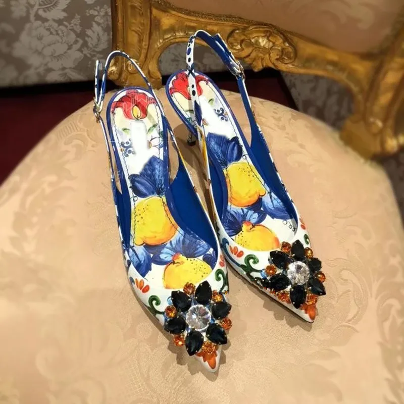 New 2019 retro print rhinestone pointed toe high heeled pumps Fashion women's vintage heels shoes EU35-41 size BY682 | Обувь