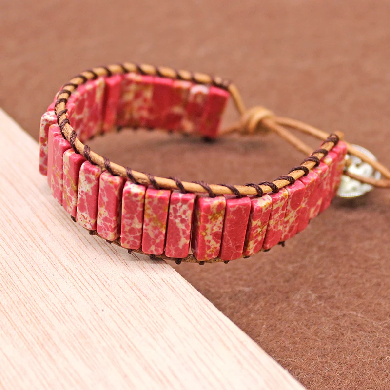 Unisex Bohemian Tube Natural Red cuboid stone Single Leather Wrap Bracelet Beaded Couples Bestfriend Gifts Dropship | Украшения и