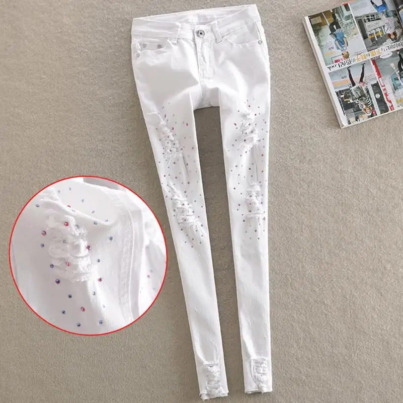 Женские рваные джинсы узкие белые брюки карандаш новинка|denim pants|hole jeansjeans woman |