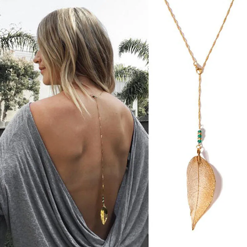 

Women Wedding Summer Dress Boho Gold Silver Beach Bikini Bib leaf pendant Backdrop Back Body Chain Necklace Wholesale Jewelry