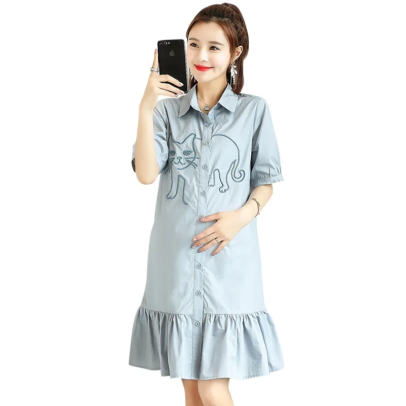 Casual Pregnancy Dress Cat Embroidery Clothing for Pregnant Women Turn-down Collar Solid Color Elegant Ruffles Maternity Dresses
Casual Pregnancy Dress Cat Embroidery Clothing for Pregnant Women Turn-down Collar Solid Color Elegant Ruffles Maternity Dresses