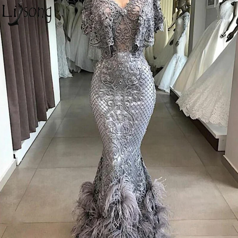 Elegant Grey Mermaid Evening Dress 2019 Luxury Feathers Lace Beaded Prom Dresses V Line Cap Sleeves Robe de soiree Custom Made
Elegant Grey Mermaid Evening Dress 2019 Luxury Feathers Lace Beaded Prom Dresses V Line Cap Sleeves Robe de soiree Custom Made