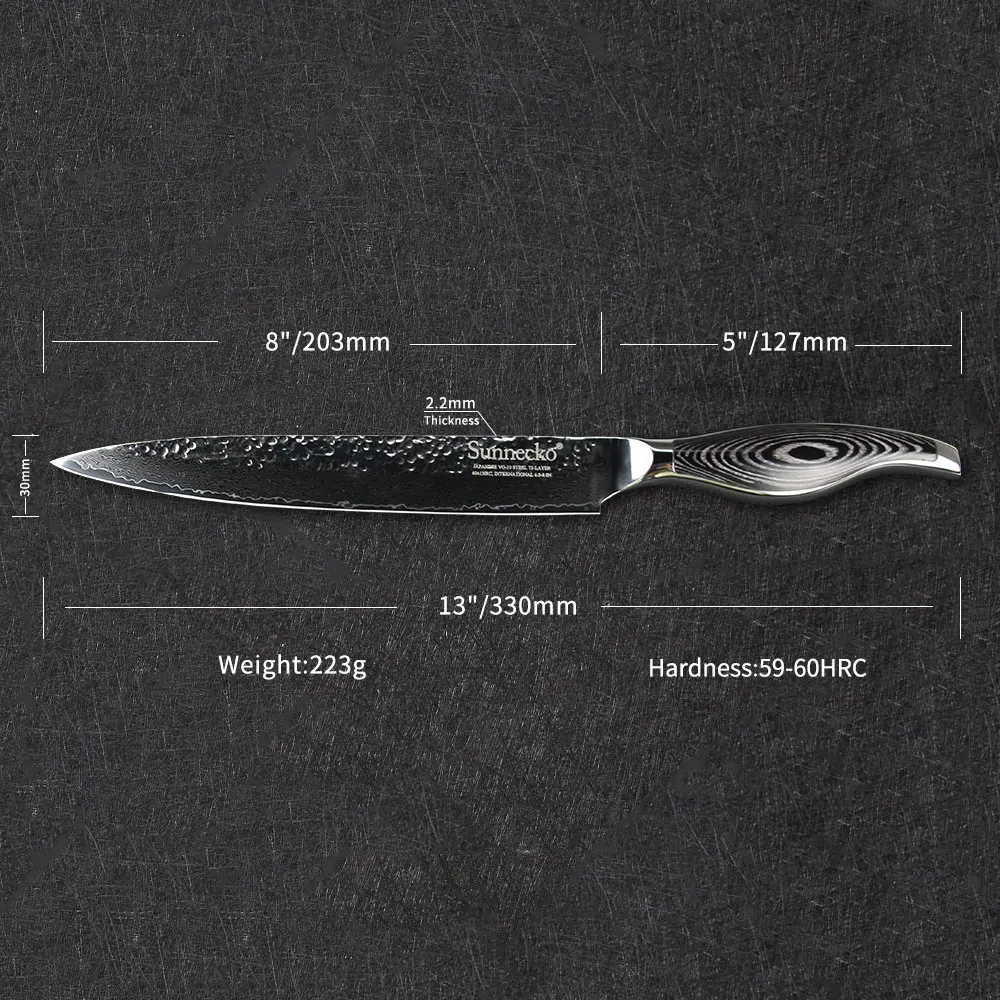 SUNNECKO 8'' Slicing Knife Damascus Japanese VG10 Steel Blade Kitchen Knives Pakka Wood Handle Razor Sharp Meat Cutting Tools
SUNNECKO 8'' Slicing Knife Damascus Japanese VG10 Steel Blade Kitchen Knives Pakka Wood Handle Razor Sharp Meat Cutting Tools